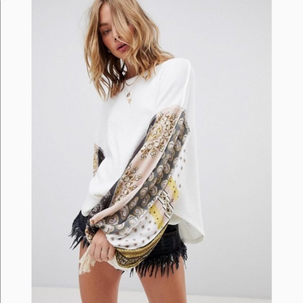 Free People Blossom Thermal Top w/ Paisley Sleeves